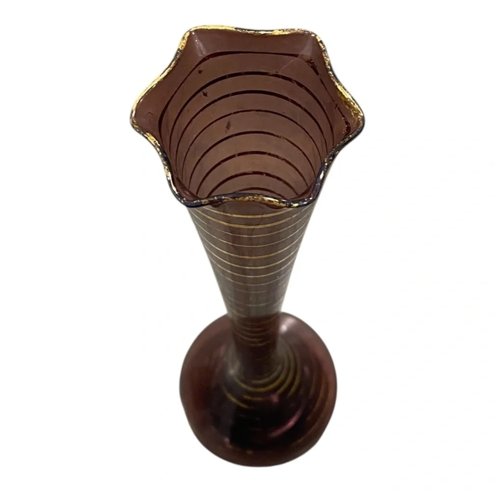 Elegant Handblown and Hand Decorated Purple and Gold Glass Vase- tall stem vase